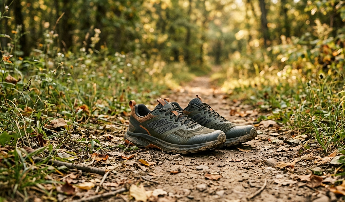 Scarpe da corsa su sentiero naturale al mattino