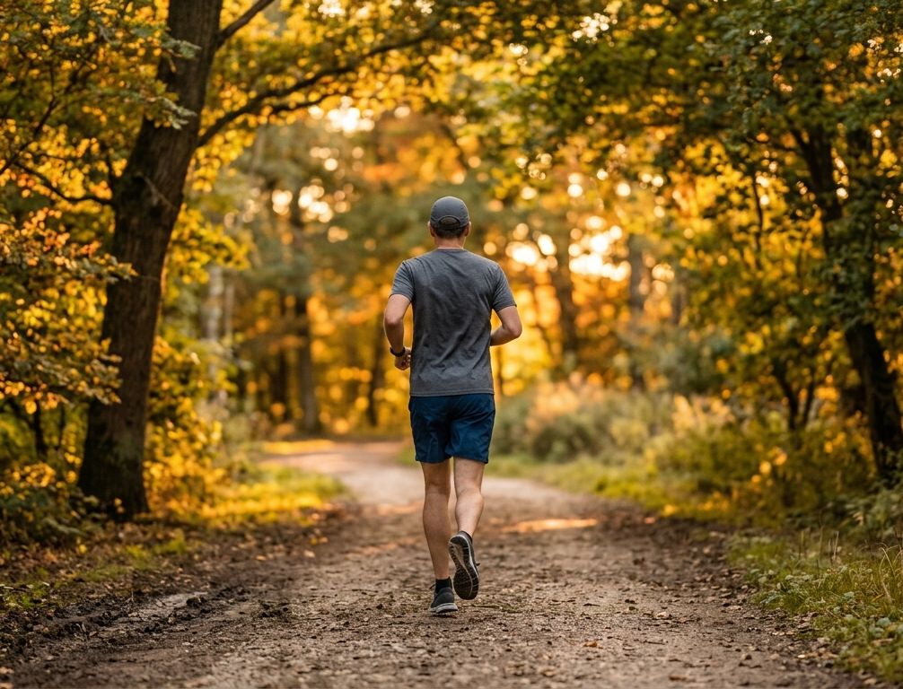Corridore rilassato su un sentiero nel parco al tramonto