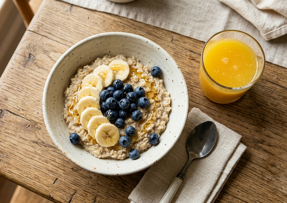 Ciotola di avena con frutta fresca su tavolo di legno